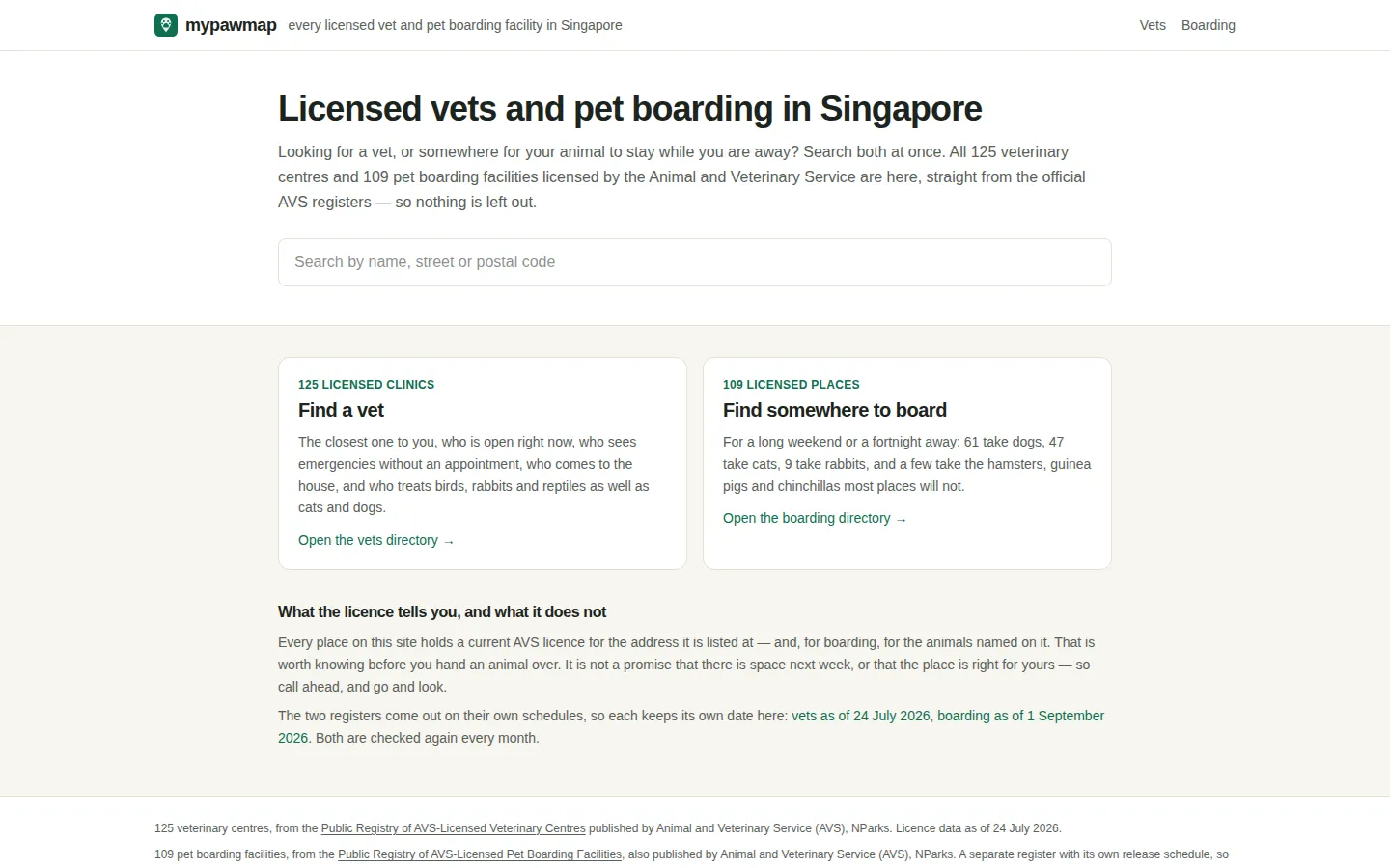 The mypawmap home page, with search and entry points into the vets and boarding directories.